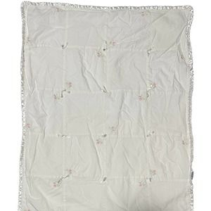 Carter's Vtg White Satin Back Ruffle Edges Embroidered Floral Baby Blanket